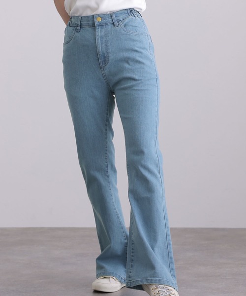 後編み上げリボン付きブーツカットデニムパンツ（デニムパンツ