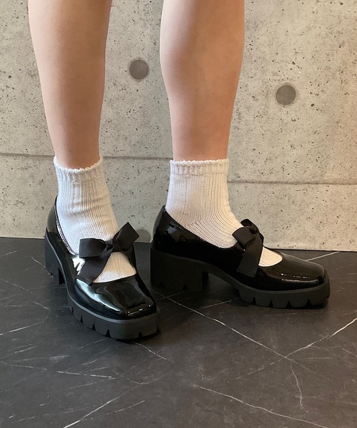 本革/軽量/275g/太ヒール/6cm】リボンパンプス ALL BLACK│Jeffrey