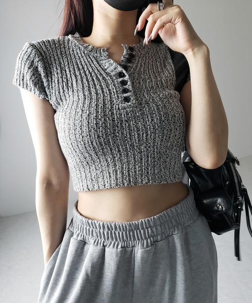3color 】キーネックショートサマーリブニットトップス ／ Key neck