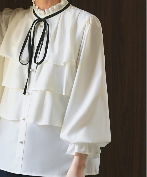 洗える ｜ バイカラーリボンティアードフリルブラウス ｜ 長袖