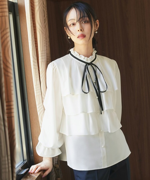 洗える ｜ バイカラーリボンティアードフリルブラウス ｜ 長袖