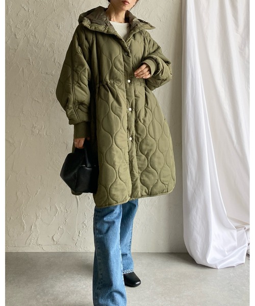 セール】フード付きミドル丈中綿スタンドカラーモンスターキルティング