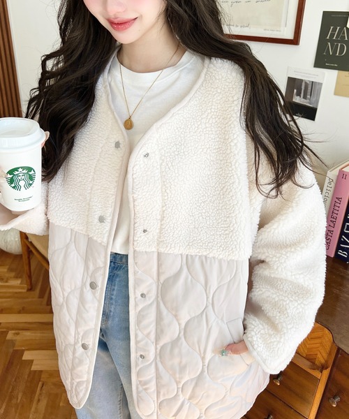 セール】ボア切り替えキルティングコート（ノーカラージャケット