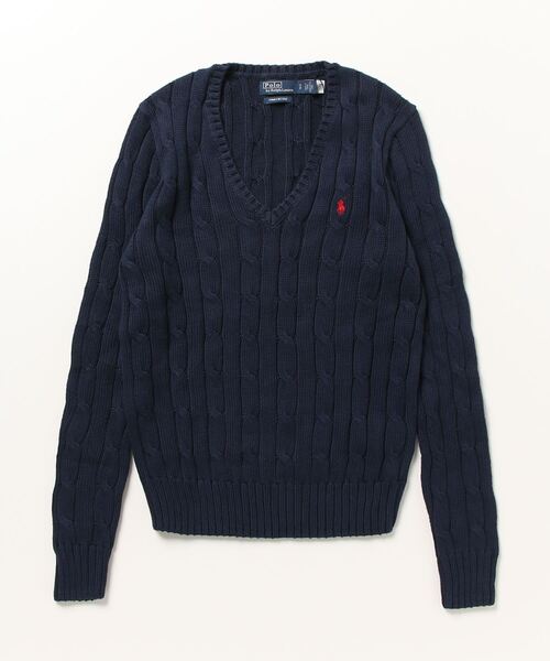 ケーブルニット コットン Vネック セーター（ニット/セーター）｜POLO