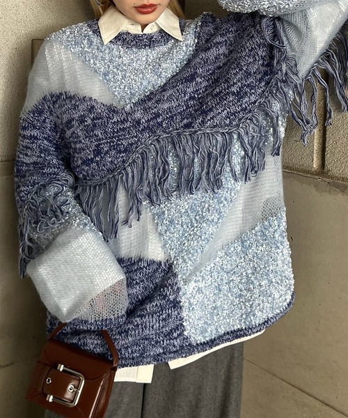 Ameri（アメリ）の「DOCKING PATTERN FRINGE KNIT（ニット/セーター