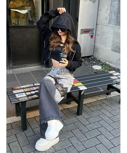 スカラップレースデニムロングパンツ（デニムパンツ）｜Darich