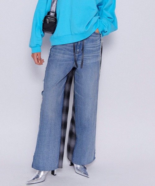 セール】Plaid Pattern Bicolor Denim Pants/チェックバイカラーデニム