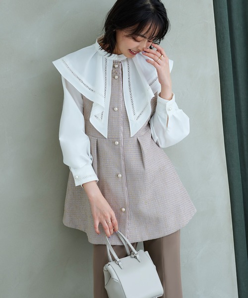 カラーツイードジレ＆スリムストレートパンツセットアップフォーマル