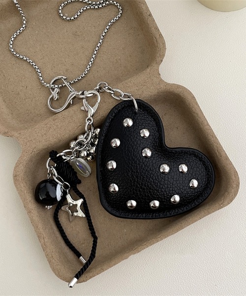 レザーライク スタッズ ハート マルチチャーム付き シルバーチェーン