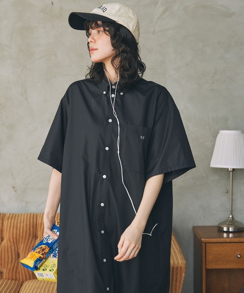 アソート ナンバリング刺繍 ボタンダウン 半袖 ロングシャツワンピース