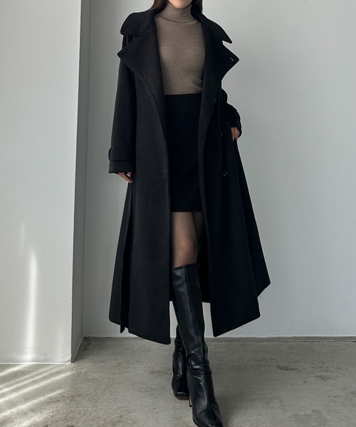 セール】2wayハイネックウールライクウエストシェイプフレアコート