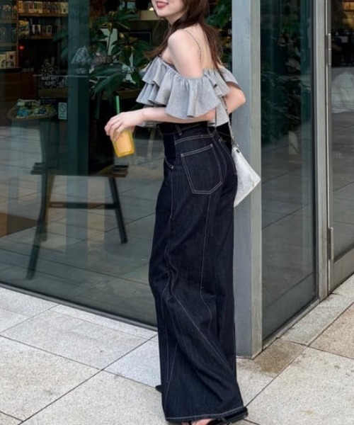 フロントボタンデザインハイウエストデニムパンツ 夏服（デニムパンツ