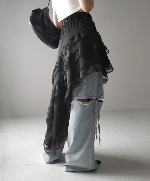 2color 】アシンメトリーレースフリルスカート ／ asymmetrical lace