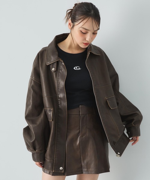 セール】ヴィンテージライクフェイクレザーBIGブルゾン（ブルゾン