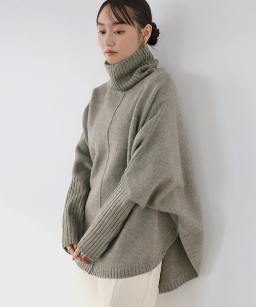 セール】天竺編み長袖ラウンドヘムタートルネックニット（ニット