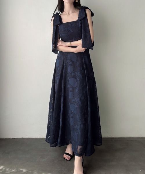 セール】ショルダーリボンフラワージャガードキャミワンピース[高身長