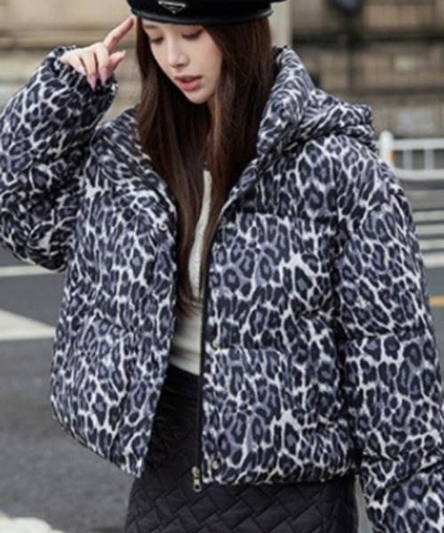 セール】ヒョウ柄 ショート丈 スタンドカラー エコダウンジャケット