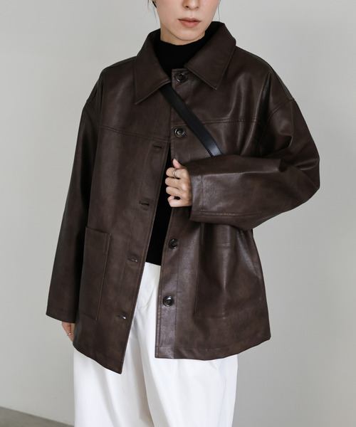 セール】ステンカラーフェイクレザージャケット（ステンカラーコート