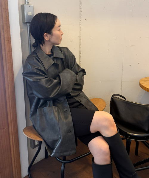 セール】ステンカラーフェイクレザージャケット（ステンカラーコート