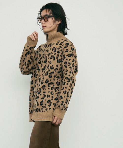 セール】Leopard print zip-up knit sweater / レオパード柄ジップ