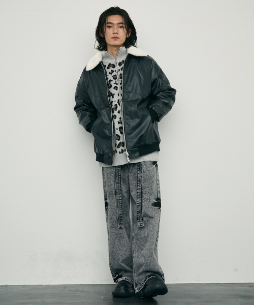 セール】Leopard print zip-up knit sweater / レオパード柄ジップ