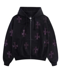 フーディー｜BLACKxPURPLE RHINESTONE CROSS ZIP HOODIE｜Unknown