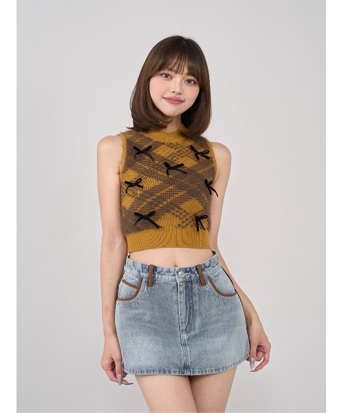 セール】リボンシャギーチェックニットトップス（ニット/セーター