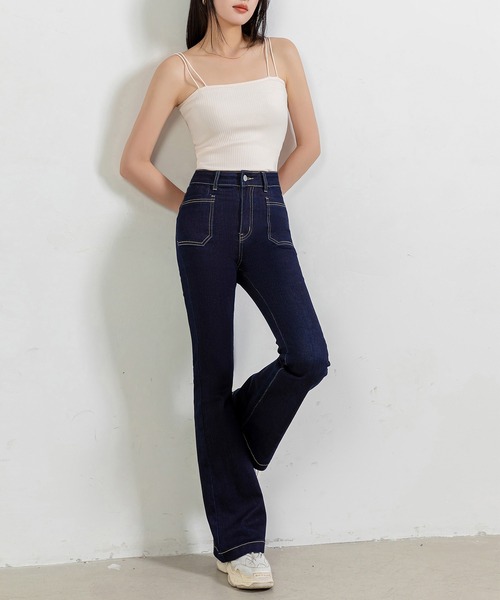 セール】レディース ブーツカット風きれいめフレアデニムパンツ