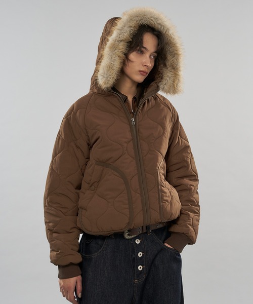 セール】【 3color/ 3size 】2WAY DRAW CODE QUILTING FAKE FUR HOOD