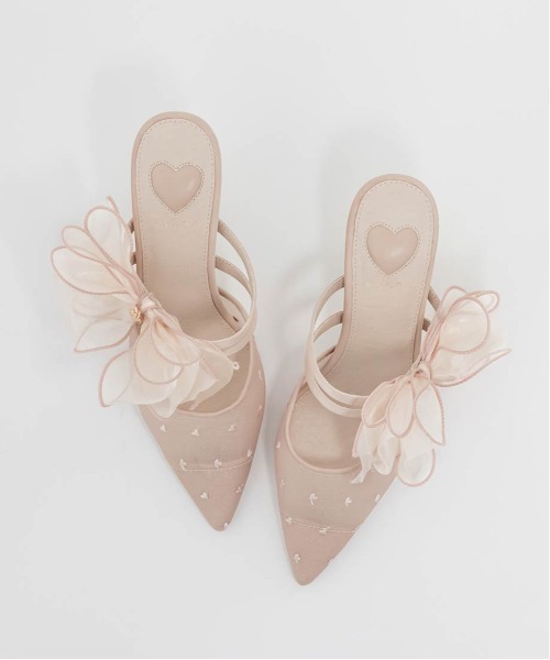 HEART COLLECTION】シフォンリボンハートミュールパンプス（パンプス