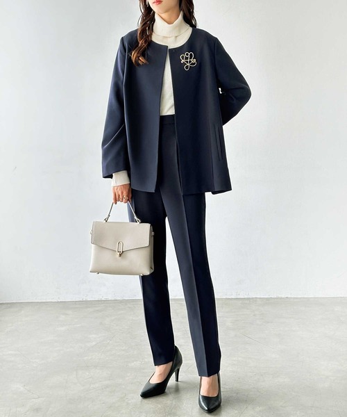 セール】【洗える！】ノーカラーフレアーラインジャケットセットアップ