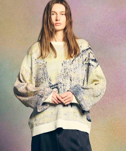UNISEX》Prime-Over Landscape Painting Crew Neck Knit Pullover