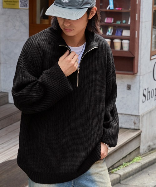 ハーフジップ 畦編み ビッグシルエットプルオーバーニット MONO-MART