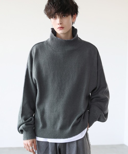 オーバーサイズウォッシャブル袖ボリュームタートルネックニット