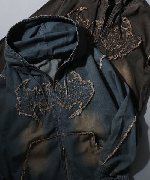 セール】Tribal Design Fringe Denim Hoodie/トライバルロゴ フリンジ