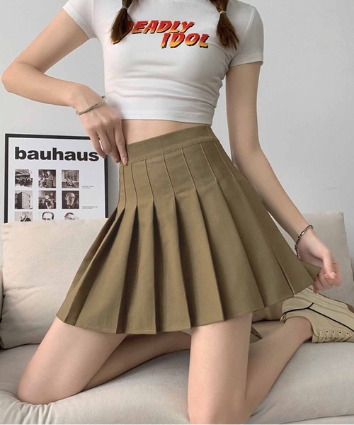 セール】インナーパンツ付きハイウエストプリーツミニスカート