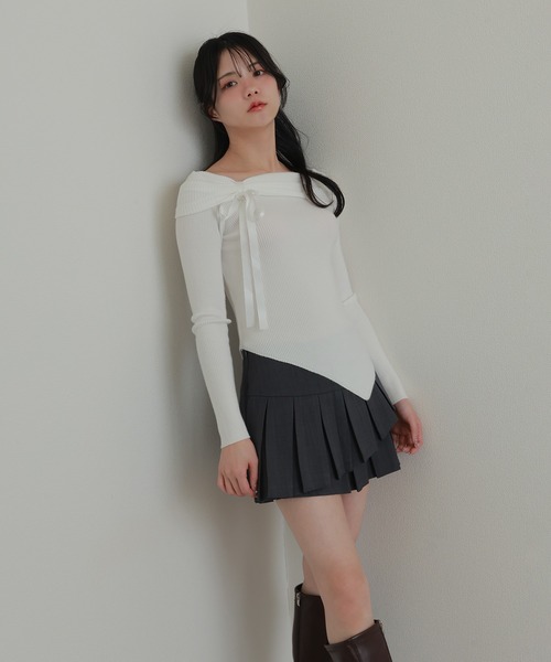 offshoulder ribbon lib tops/オフショルダーリボンリブトップス