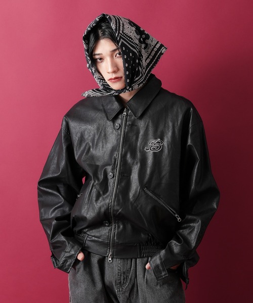 セール】a.p.o.v. ワンポイントロゴ刺繍ショート丈合成皮革ジャケット