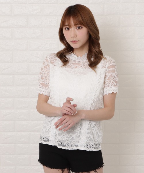 セール】スタンドカラー総レース半袖ブラウス（シャツ/ブラウス