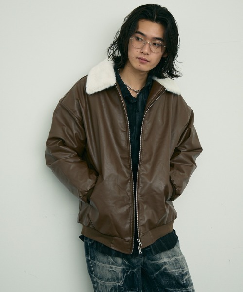 セール】fur collar synthetic leather jacket / 襟ファー合成皮革