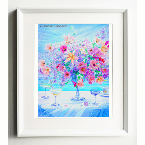 額装☆アメリカで版画化☆花の絵 花 フラワー 版画 ブルー ピンク