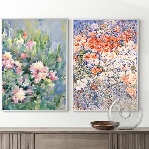 NO.367】蓮の花畑ボタニカルのフラワーアートポスター☆カラフル水彩画