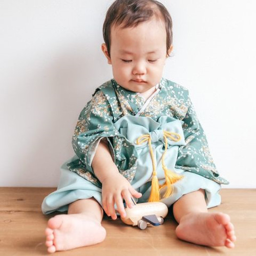 再販/70/ふうせん袴(ミント)*「かすみ草」グリーン+:｡.ベビー袴