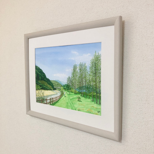 川沿いの散歩道 」透明水彩画 原画 風景画 額縁付 F4サイズ 絵画 Oni