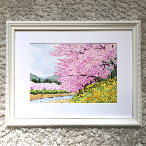 河津桜」透明水彩画 原画 風景画 額縁付 A4サイズ 絵画 Oni 通販