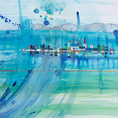 青い虹の街」大きな水彩原画 絵画 miraclepocket 通販 16655461