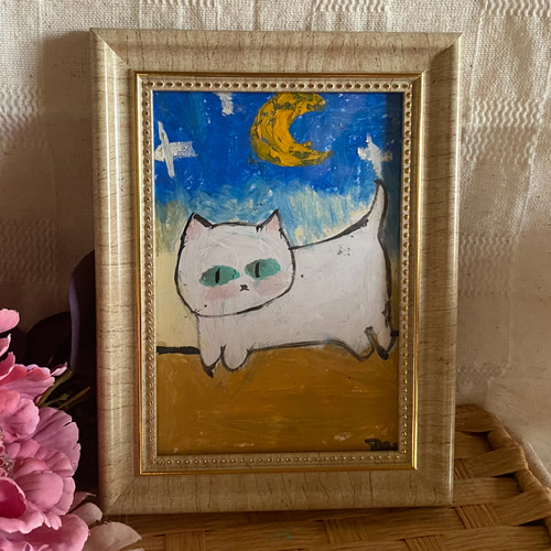 絵画。原画手描【夜の散歩が好きな白い猫】 絵画 アカザ麦 通販