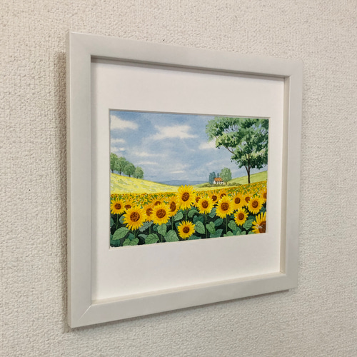 ひまわり畑04」透明水彩画 原画 風景画 額縁付 2Lサイズ 絵画 Oni