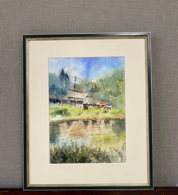210）原画 水彩画 風景画 荻ノ島かやぶきの里（新潟県） 絵画