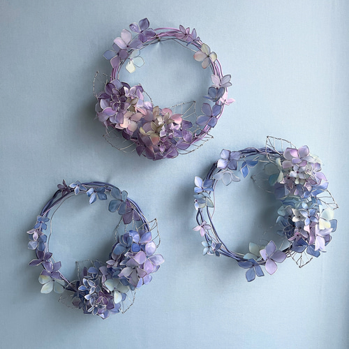一点物】紫陽花のミニリース 青紫系 ワイヤーアート ディップフラワー